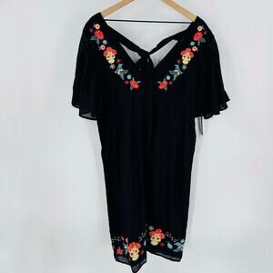 ModCloth Embroidered Black Dress NWT Size 14 Skull Floral Boho Festival Gothic